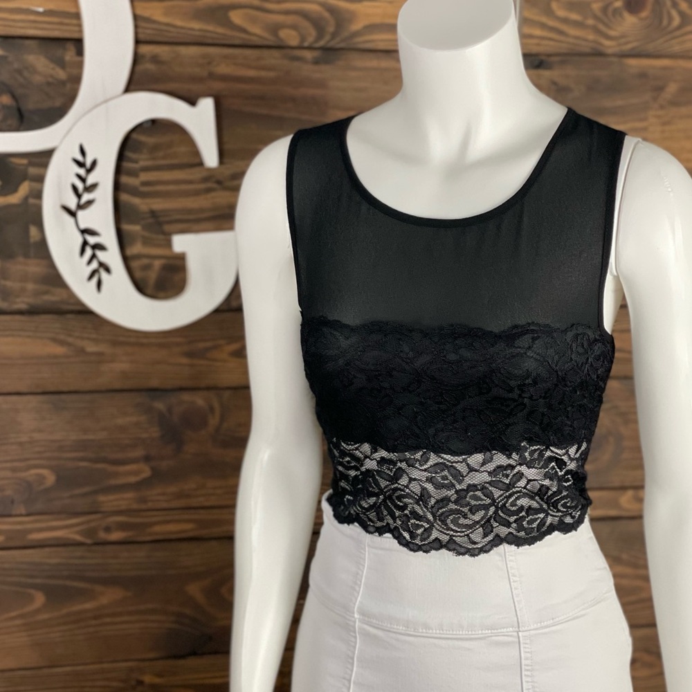 Toska | Sheer Lace Mesh Scalloped Crop Top Sleeveless‎ Black Mesh Top Lace